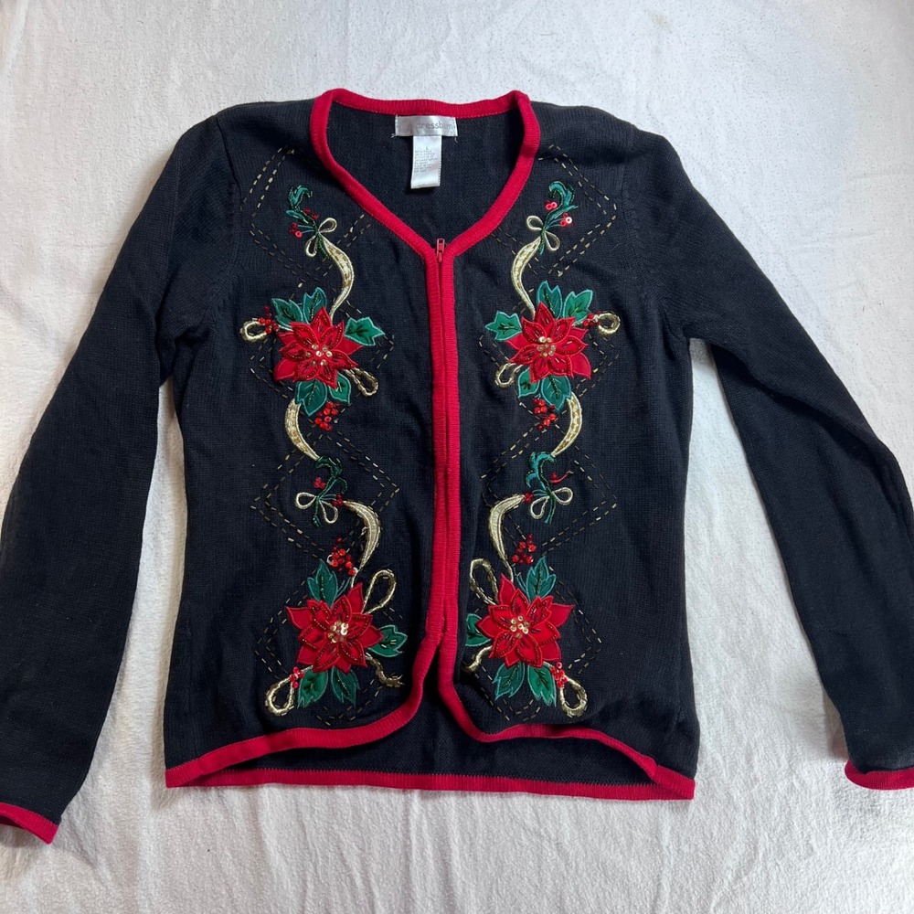 Dressbarn Christmas Poinsettia Zip Cardigan Sweater Black Red Sequin Vintage L